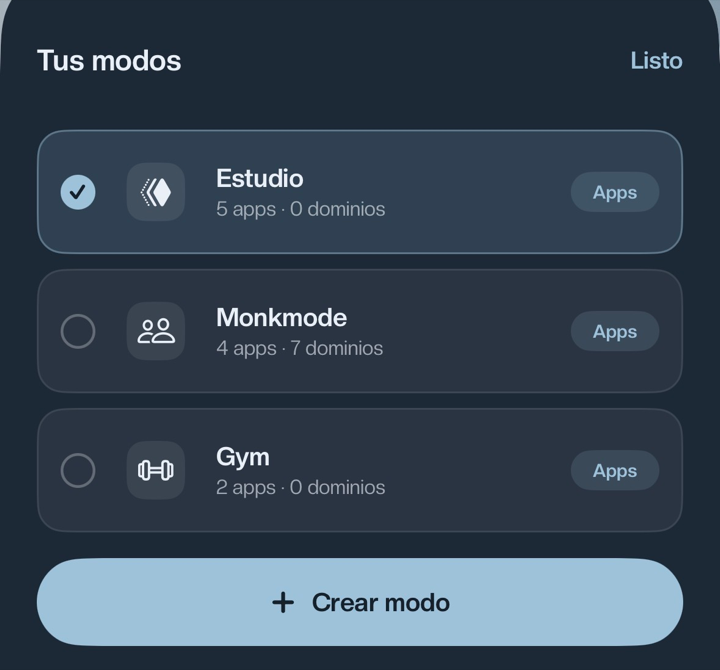 Tus modos en la app: Estudio, Monkmode y Gym, cada uno con sus apps y dominios, y el botón «Crear modo»