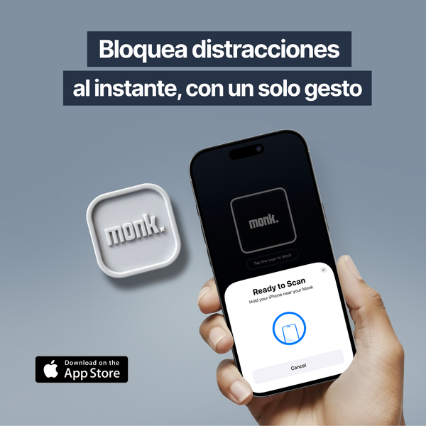 Monk y un iPhone escaneando sobre fondo negro para bloquear Instagram