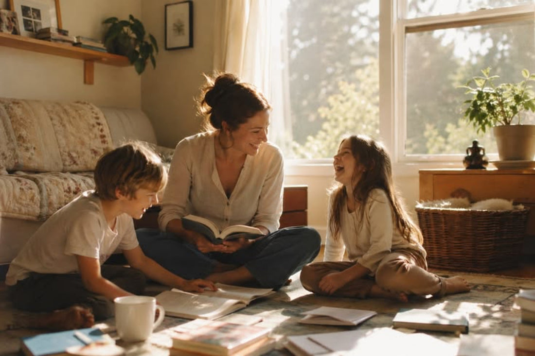 Madre leyendo en el suelo del salon con sus dos hijos, rodeados de papeles y cuadernos, luz natural