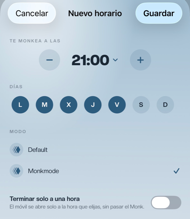 Nuevo horario en la app: te monkea a las 21:00 de lunes a viernes con el modo Monkmode, y la opción de terminar solo a una hora