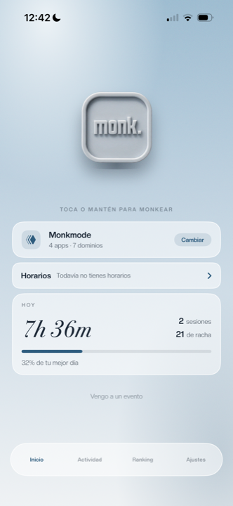 Pantalla de inicio de la app: el Monk, «Toca o mantén para monkear», el modo Monkmode, tus horarios y las horas de hoy
